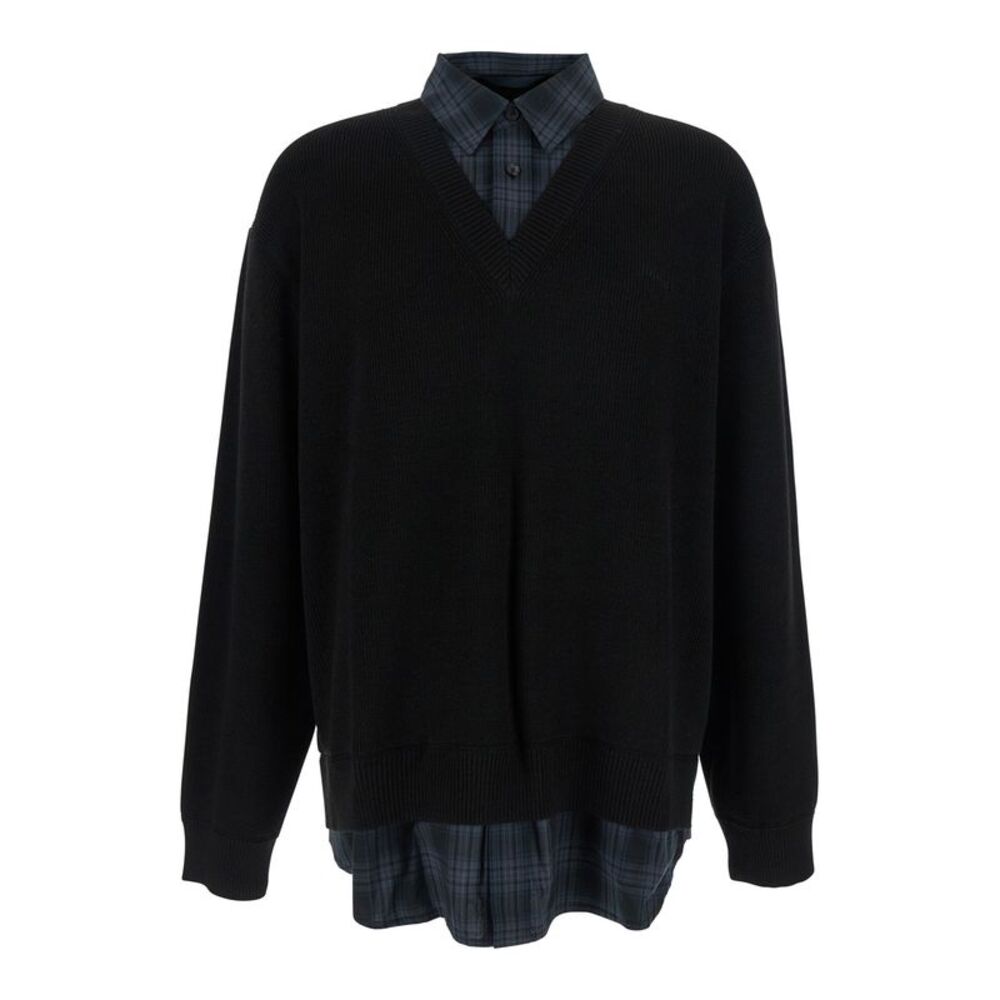 Juun.J Men Check Shirts Layered V-Neck Sweater